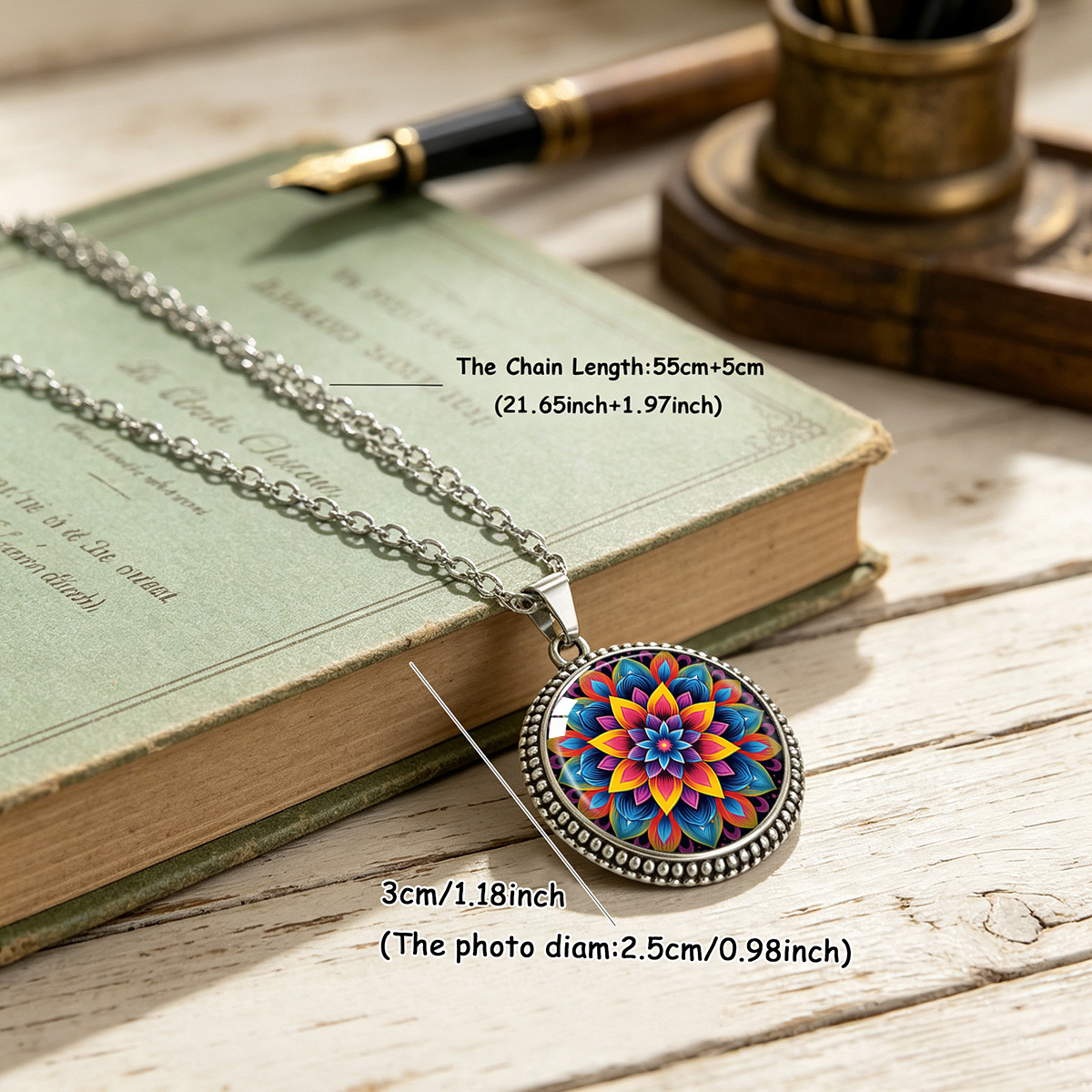 Bright Colorful Floral Pattern Round Pendant Necklace, Bohemian